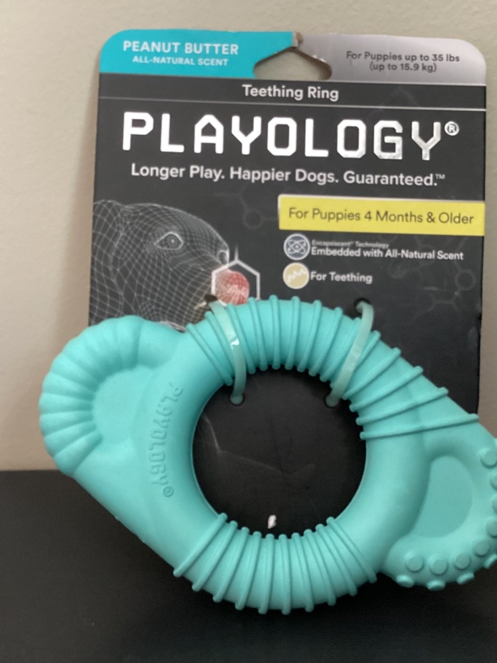 NWT PLAYOLOGY Teething Ring Peanut Butter Scented Puppies 4 Mnths and older NEW